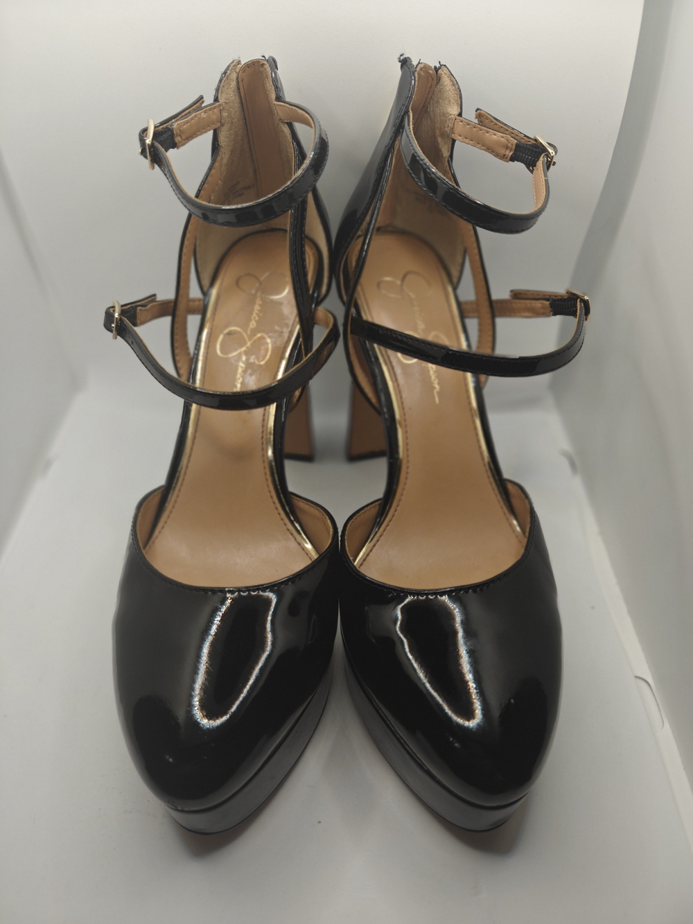 Jessica Simpson Black Patent Triple-Strap Pointed Toe High Heels - Picture 2 of 10